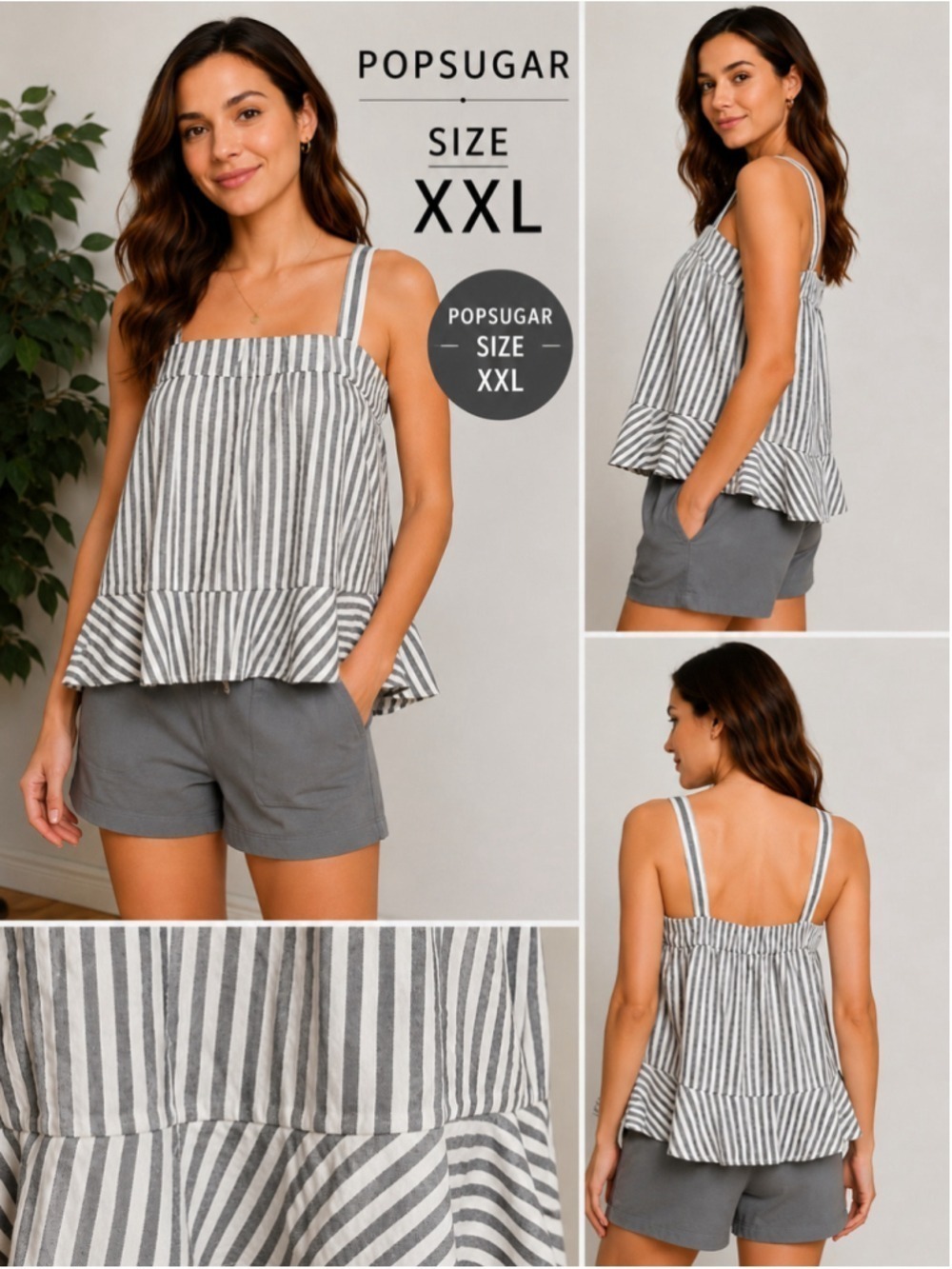 POPSUGAR Striped Linen Blend Crop Tank Top White Black XXL NWT